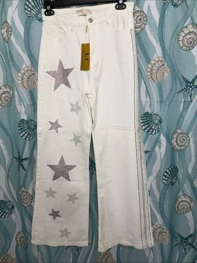 White Star-Embellished Wide Leg Jeans